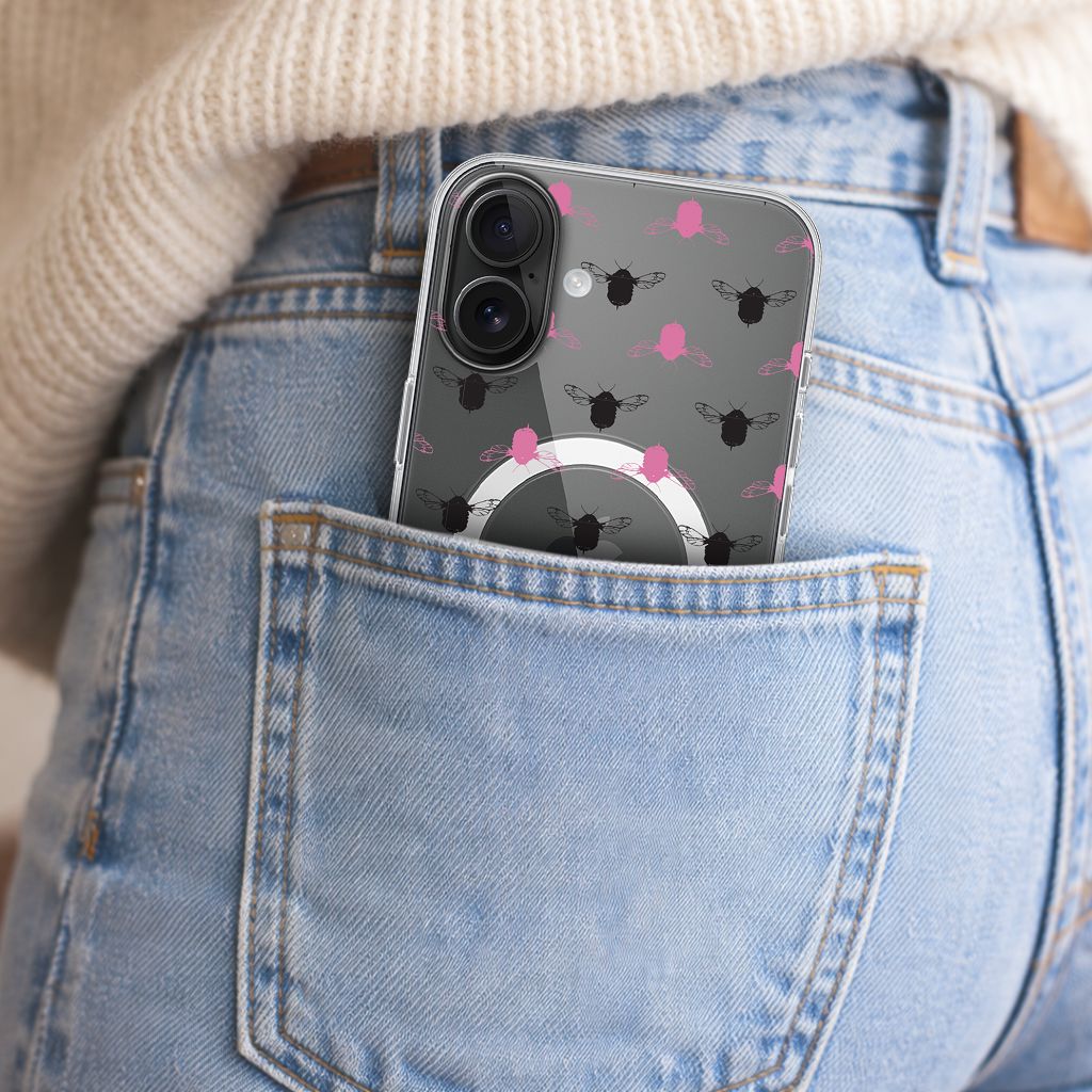 iPhone 16 Clear Case - Black and Pink Bumble Design