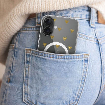 MagSafe iPhone 16 Gold Hearts Clear Case