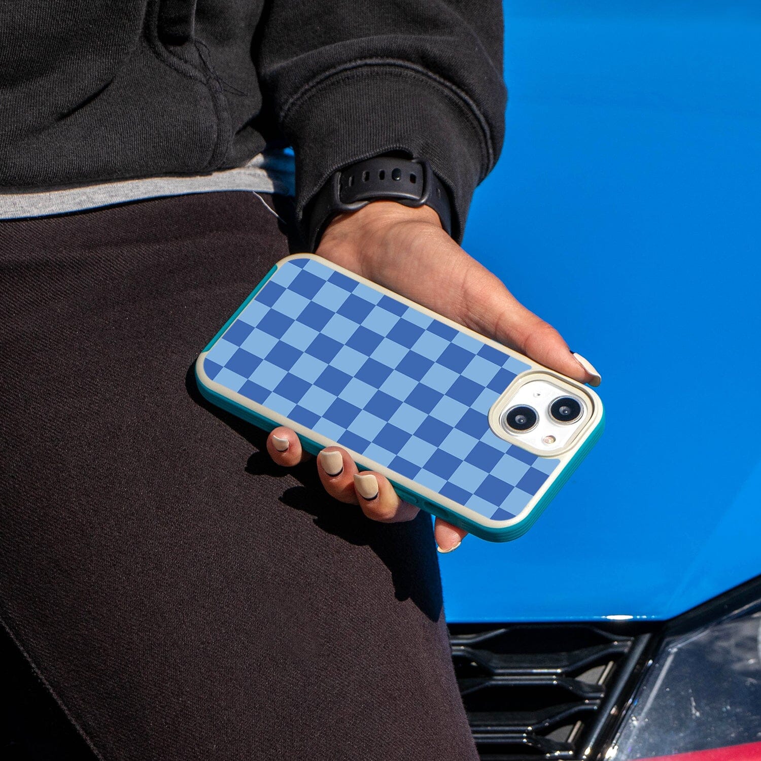 MagSafe iPhone 14 Plus Blue Checkerboard Print Case