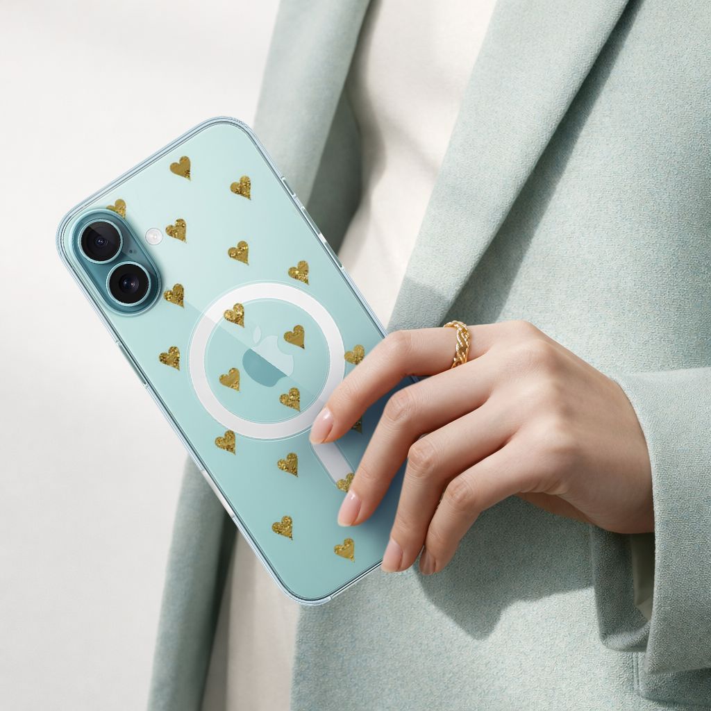 MagSafe iPhone 16 Gold Hearts Clear Case