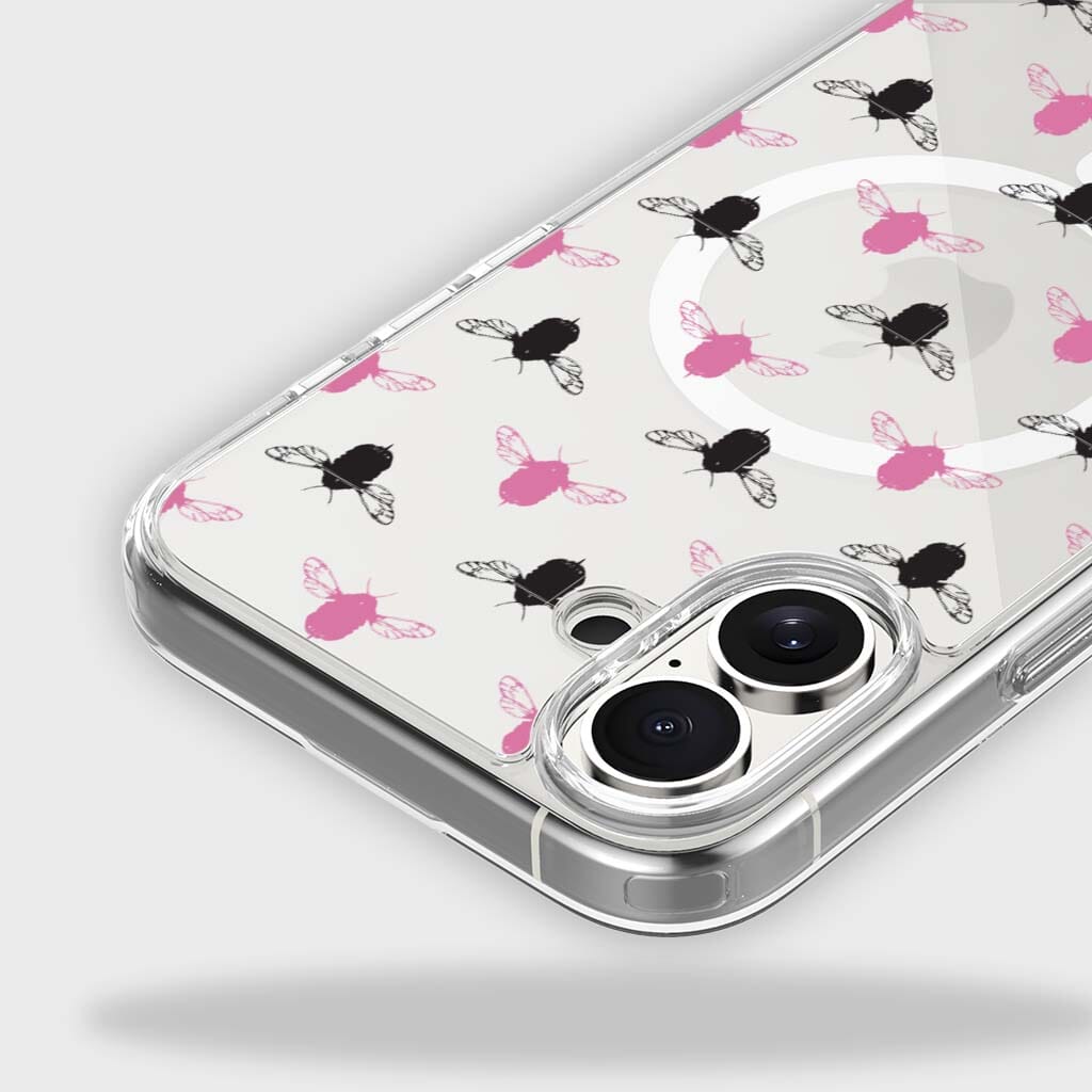 iPhone 16 Clear Case - Black and Pink Bumble Design