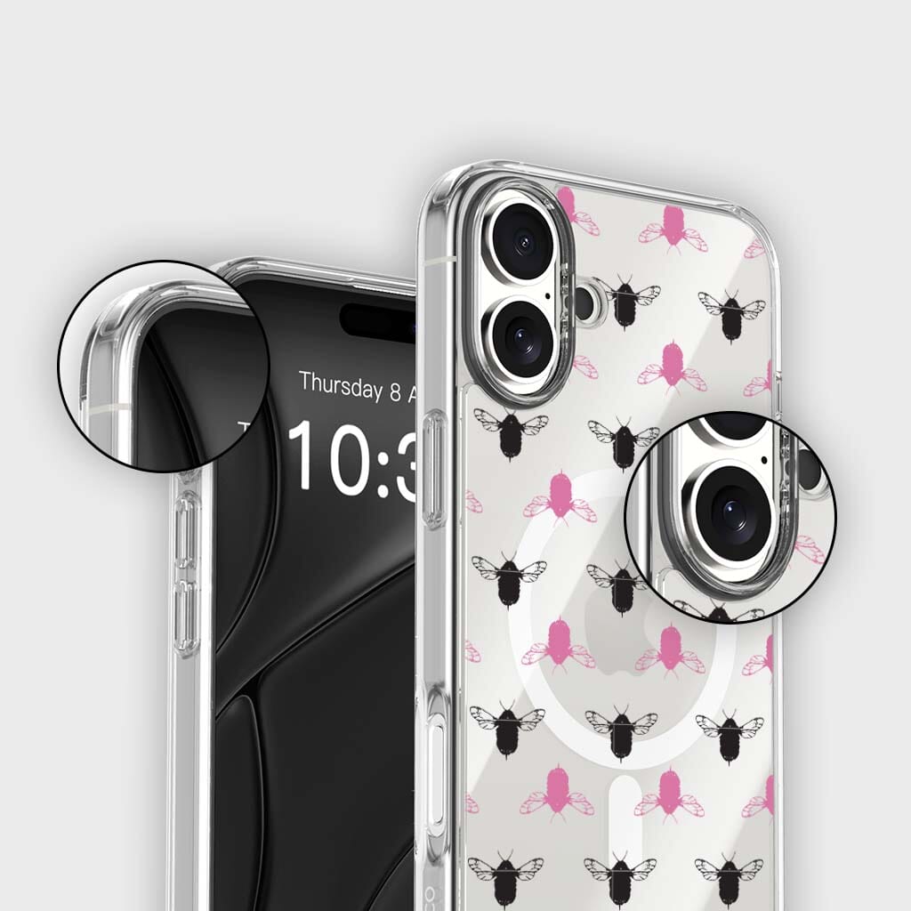 iPhone 16 Clear Case - Black and Pink Bumble Design