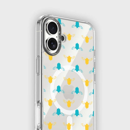 iPhone 16 Clear Case - Blue and Yellow Bumble Design