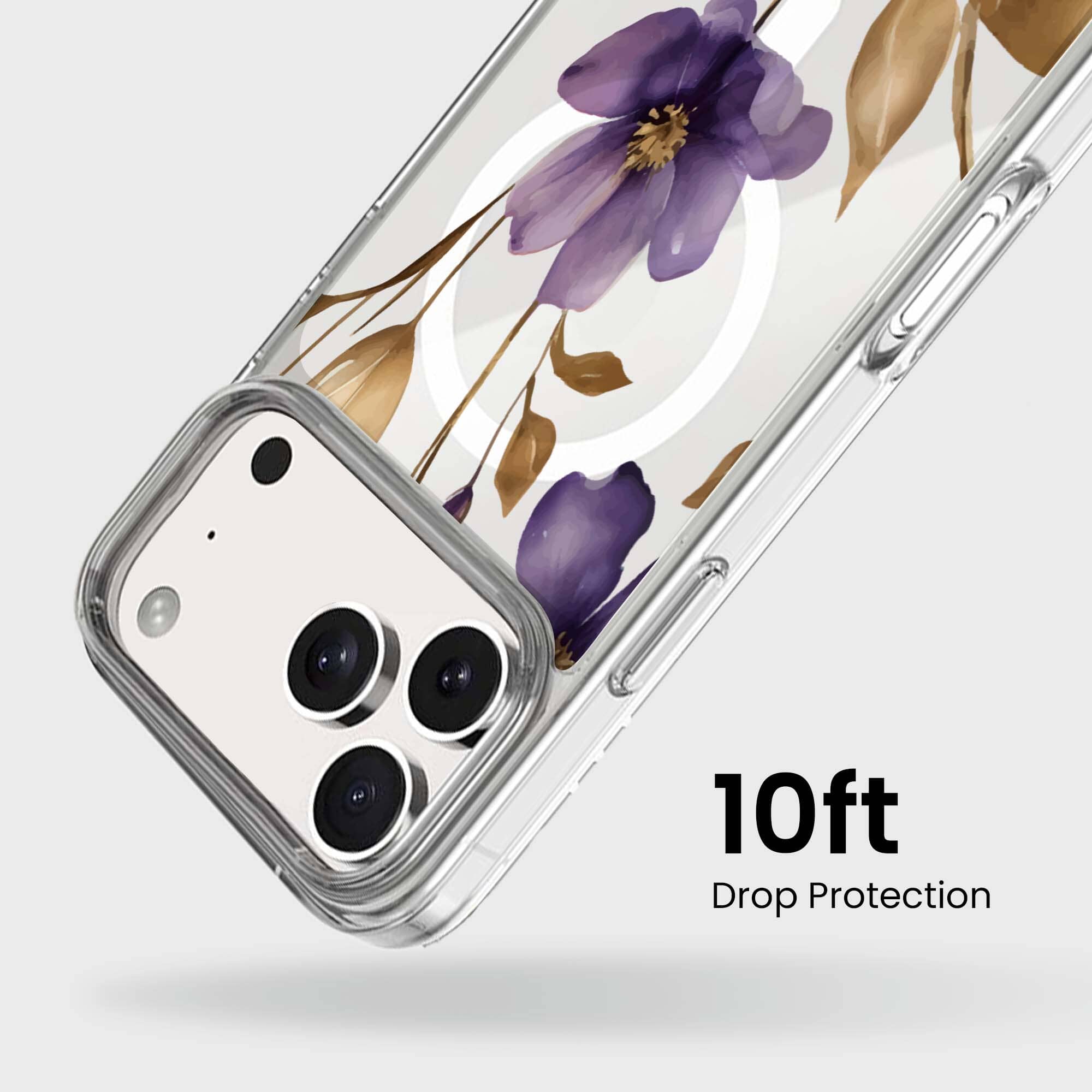 MagSafe iPhone 17 Pro Purple Wildflower Clear Case | 10‑ft Drop