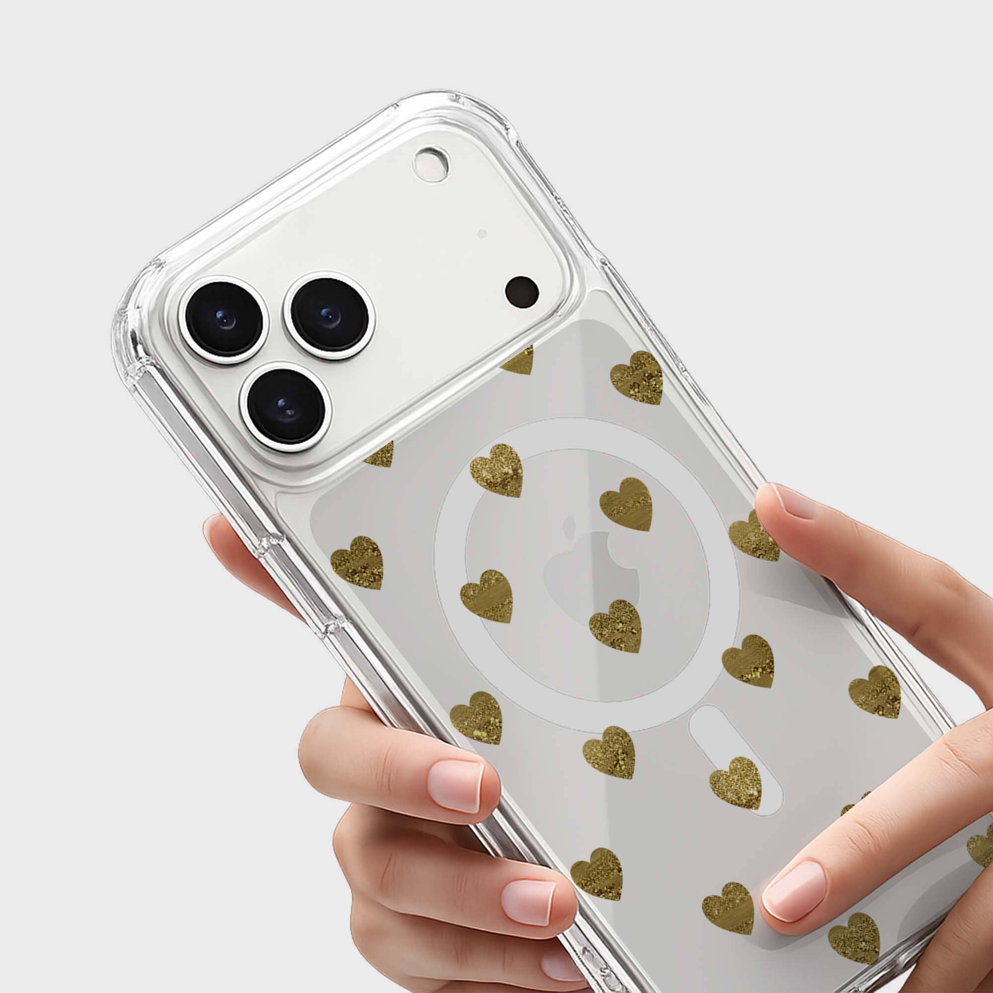 iPhone 17 Pro Max Gold Hearts Clear Case With MagSafe
