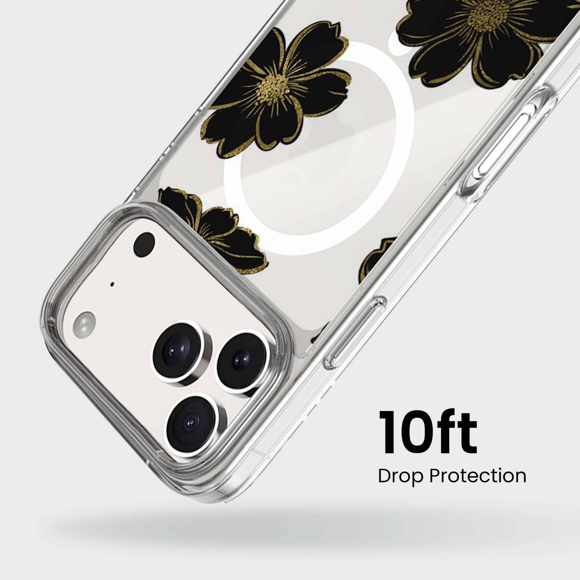 MagSafe iPhone 17 Pro Max Black Flower Clear Case | 10‑ft Drop
