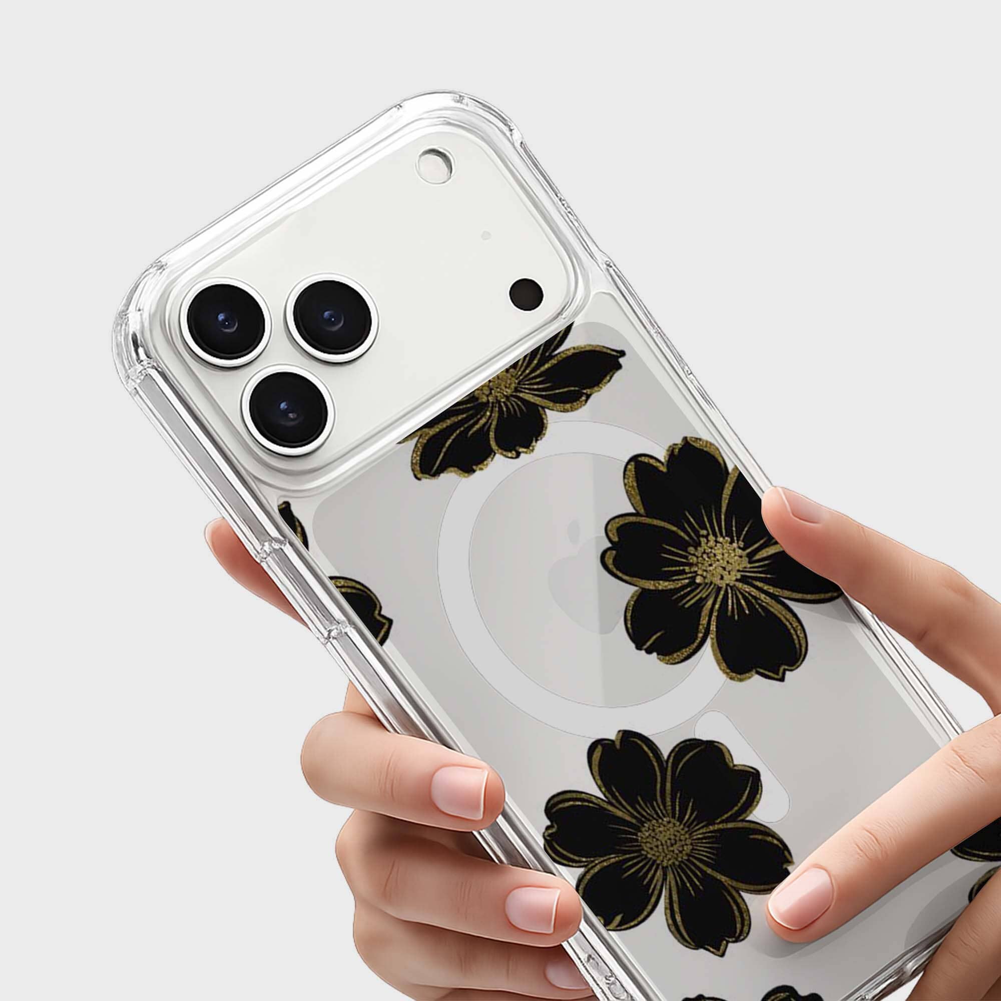 MagSafe iPhone 17 Pro Black Flower Clear Case