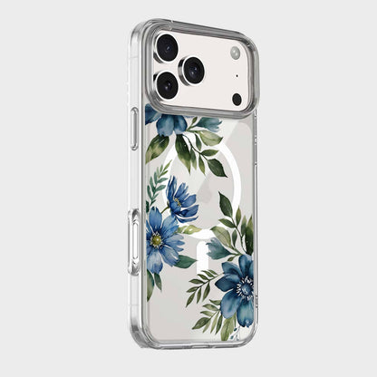 MagSafe iPhone 17 Pro Max Blue Floral Clear Case