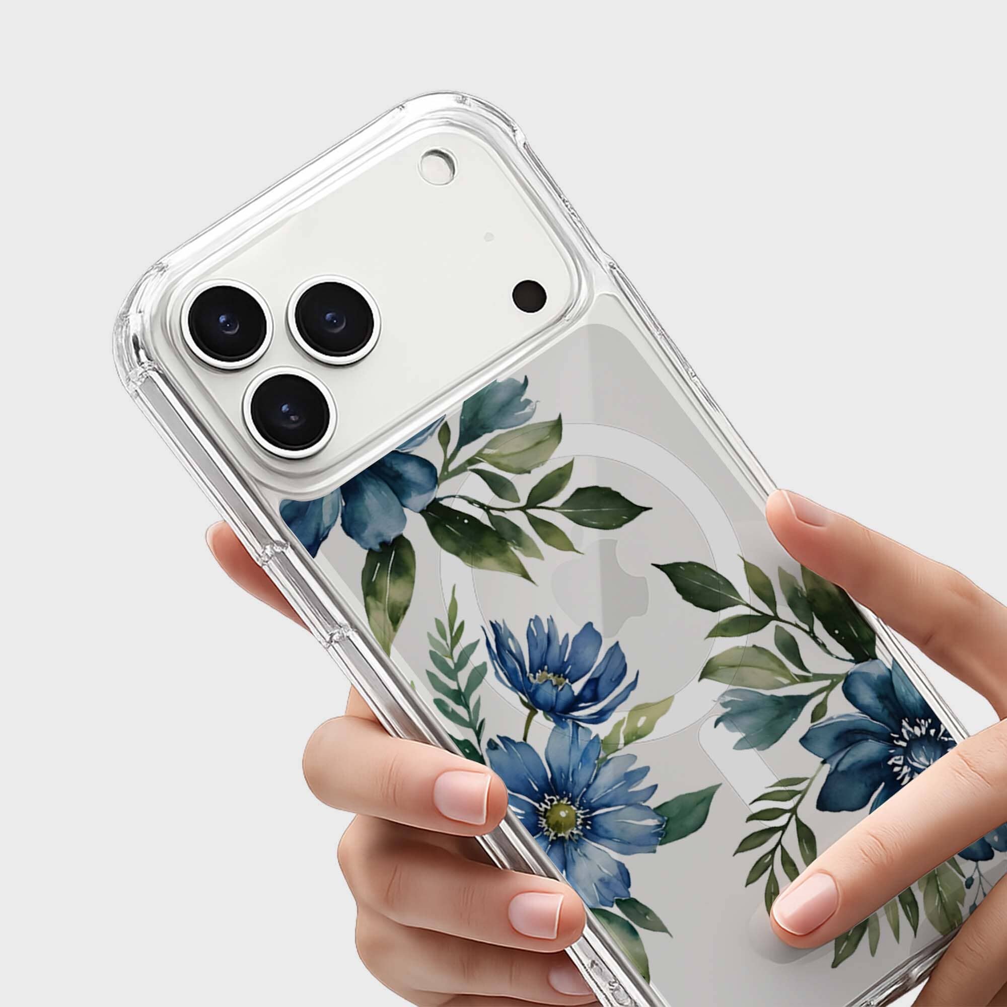 MagSafe iPhone 17 Pro Max Blue Floral Clear Case