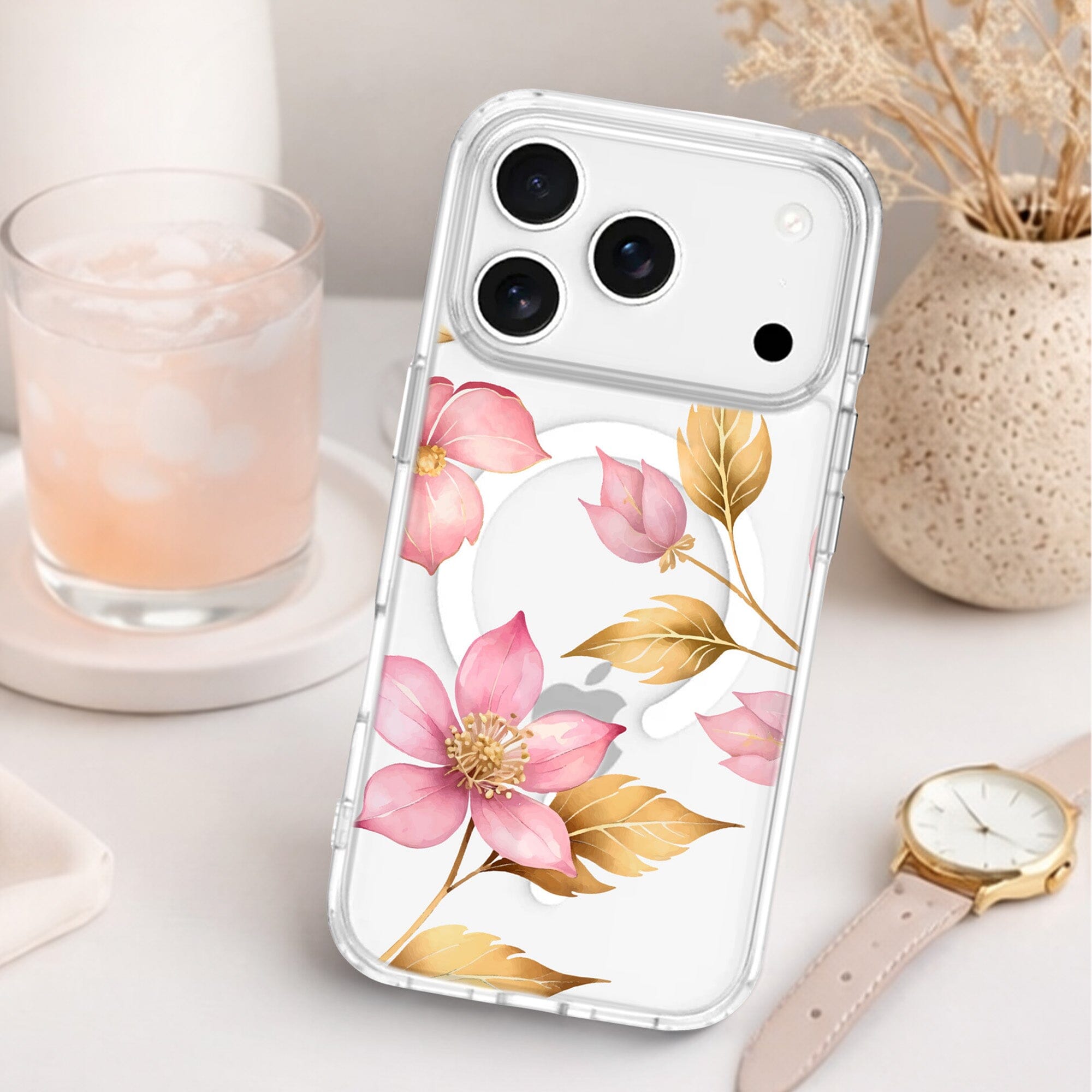 MagSafe iPhone 17 Pro Pink Wildflower Clear Case