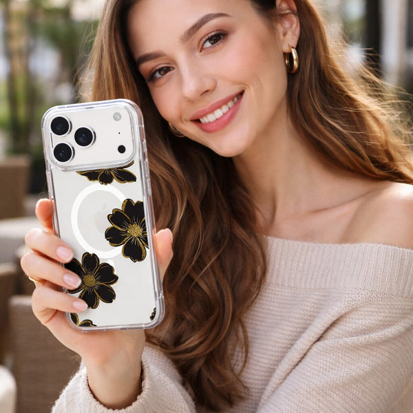 MagSafe iPhone 17 Pro Max Black Flower Clear Case | 10‑ft Drop