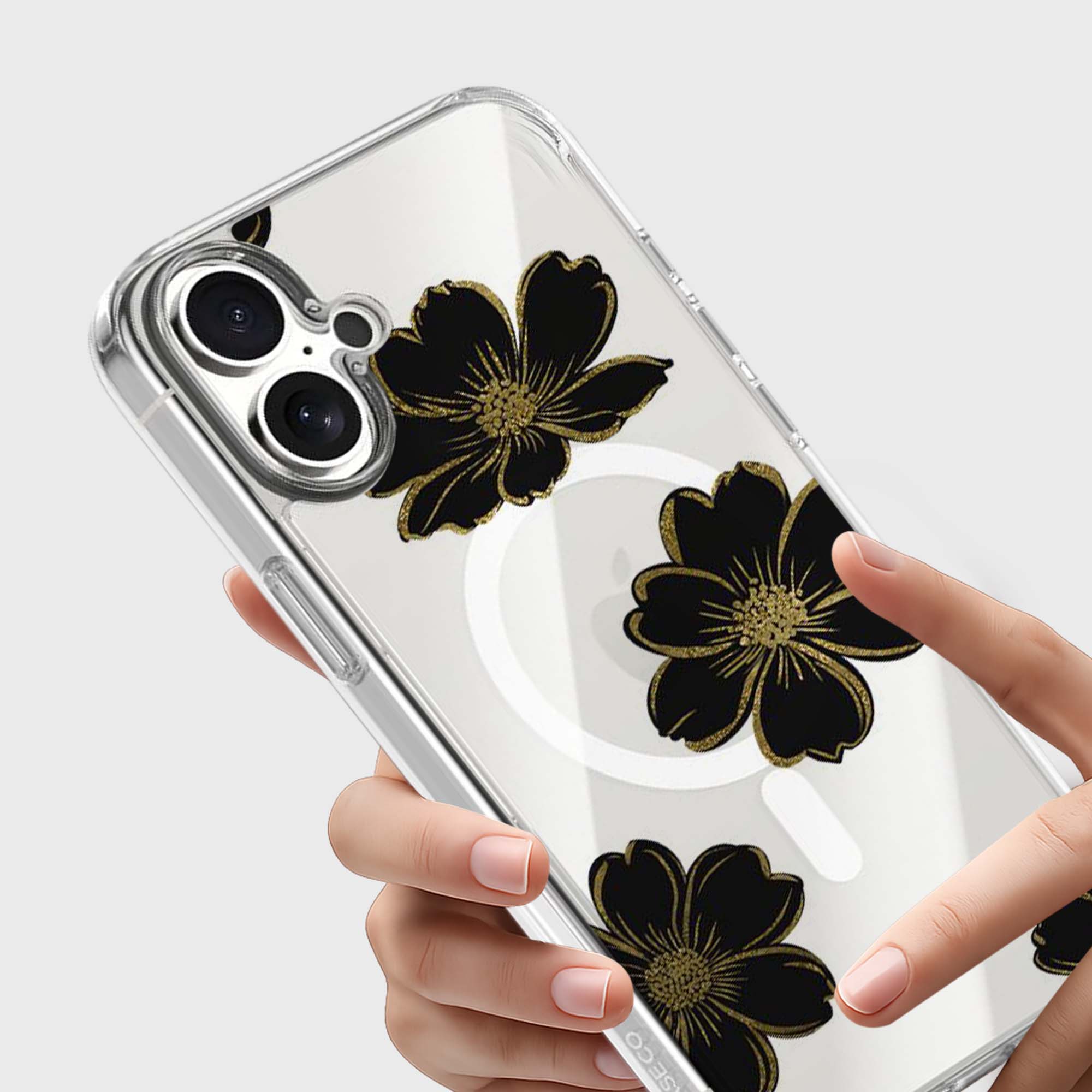 MagSafe iPhone 17 Black Flower Clear Case
