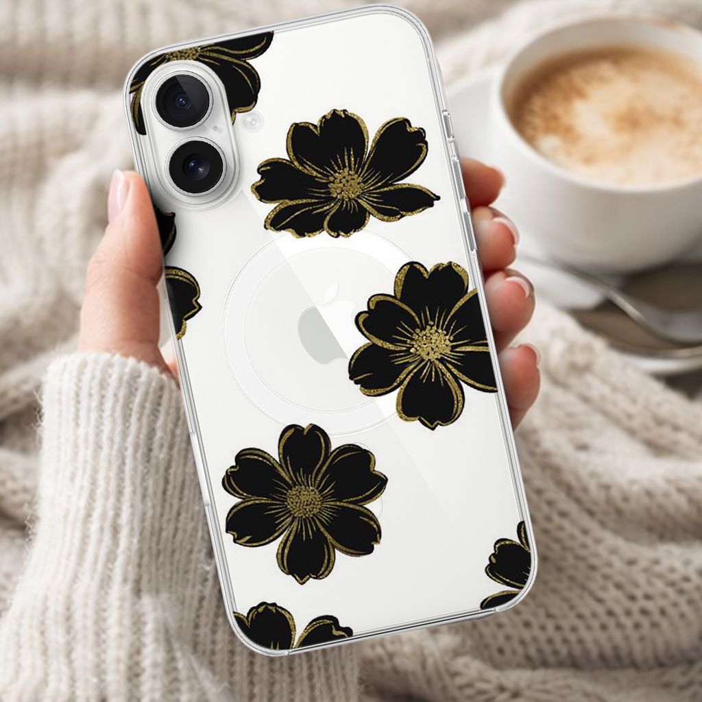 MagSafe iPhone 16 Black Flower Clear Case