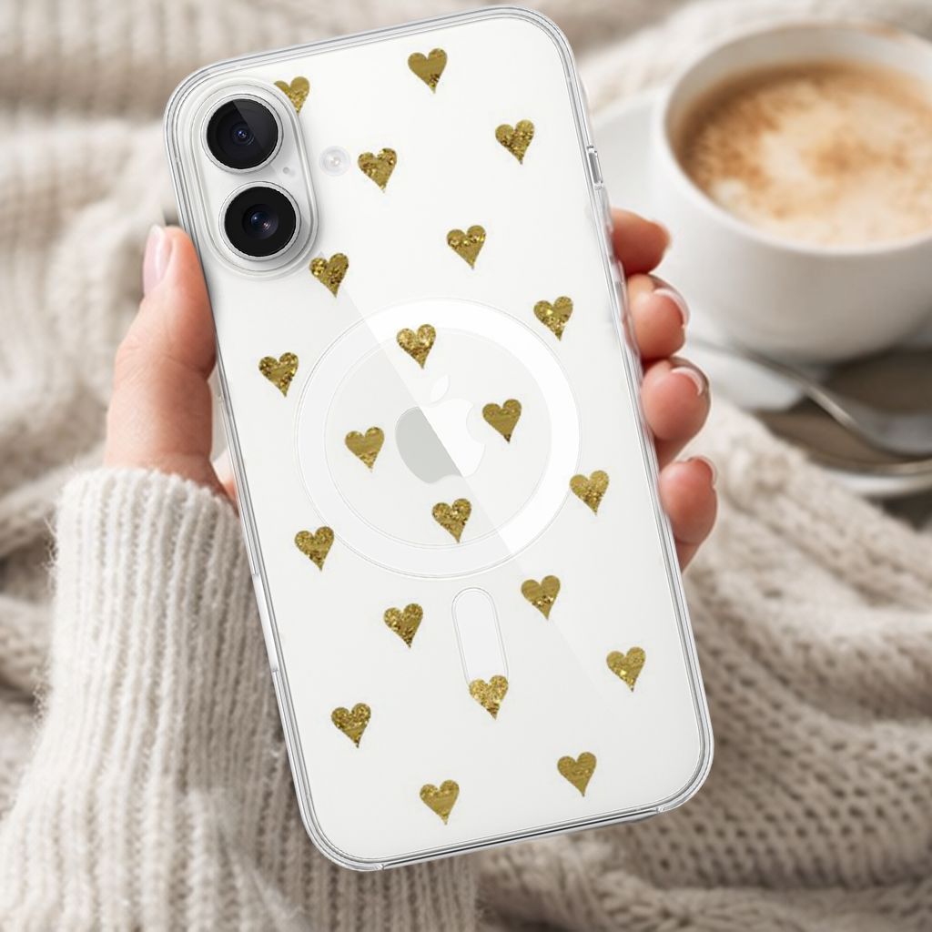 MagSafe iPhone 16 Gold Hearts Clear Case