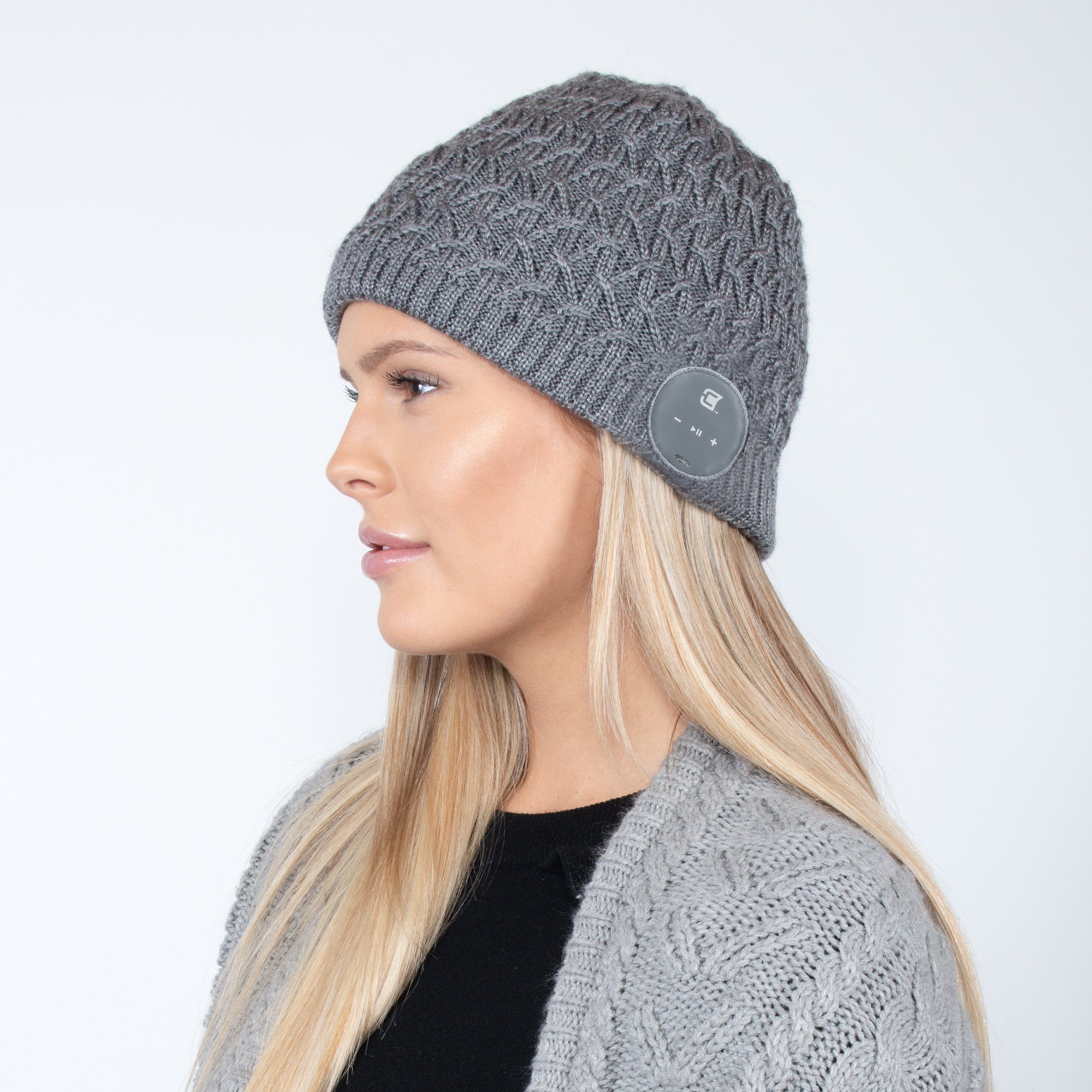 Blu Toque Cable Knit Bluetooth Beanie - Grey | Caseco Inc. (Side-Grey Bluetooth Beanie)