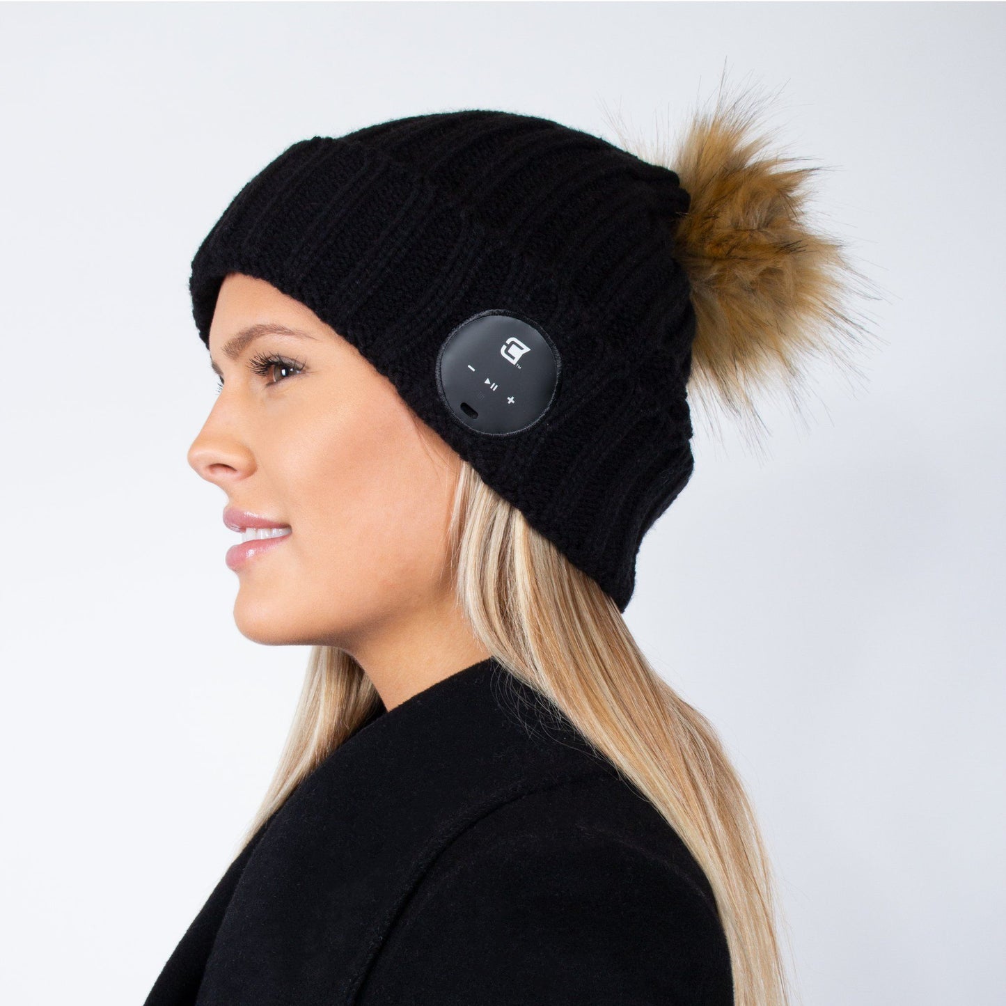 Women's Bluetooth Beanie With Brown Faux Fur Pom Pom - Black