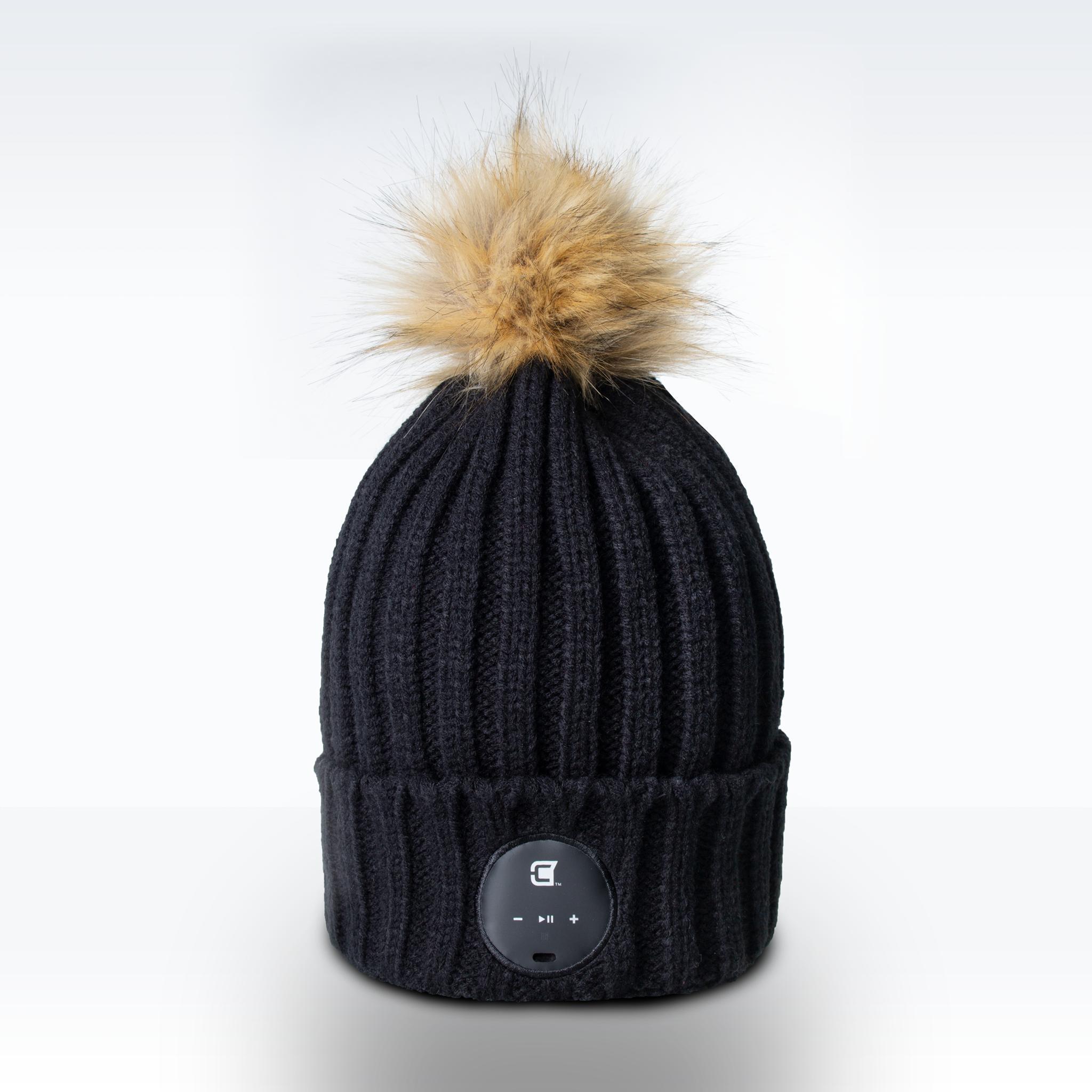 Woman Bluetooth Beanie With Brown Faux Fur Pom Pom - Black | Caseco inc. (Front-Beanie)