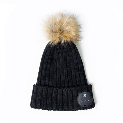 Bluetooth Beanie Dual Layered Black with Brown Faux Fur Pom Blu-Toque Caseco Inc 