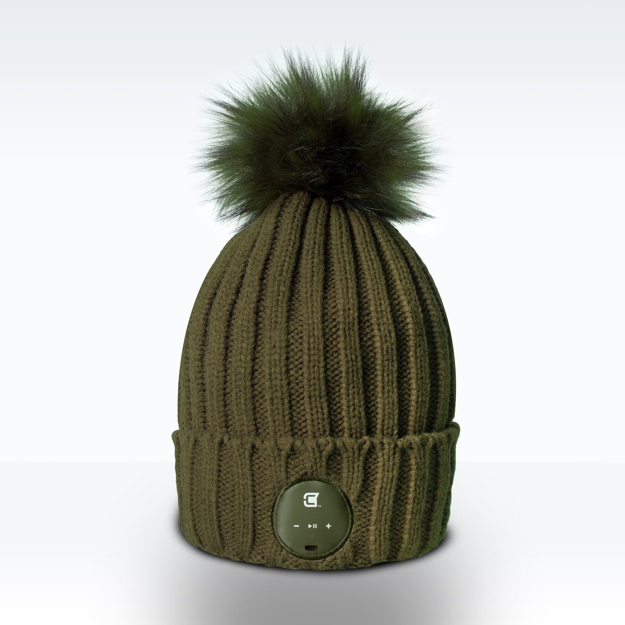 Woman Bluetooth Beanie With Olive Green Faux Fur Pom Pom - Olive Green | Caseco Inc. (Front-Green Beanie)