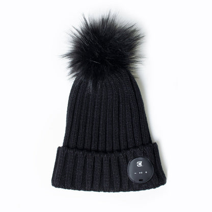 Dual Layered Noir Bluetooth Beanie with Black Faux Fur Pom - Blu-Toque Lush Series Blu-Toque Caseco Inc 