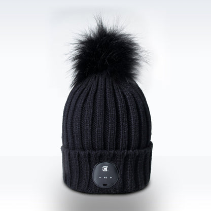 Woman Bluetooth Beanie With Black Faux Fur Pom Pom - Black | Caseco inc. (Front-Beanie)